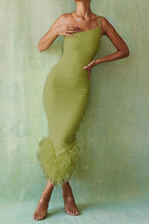 One Shoulder Halter Fur Swing Dress